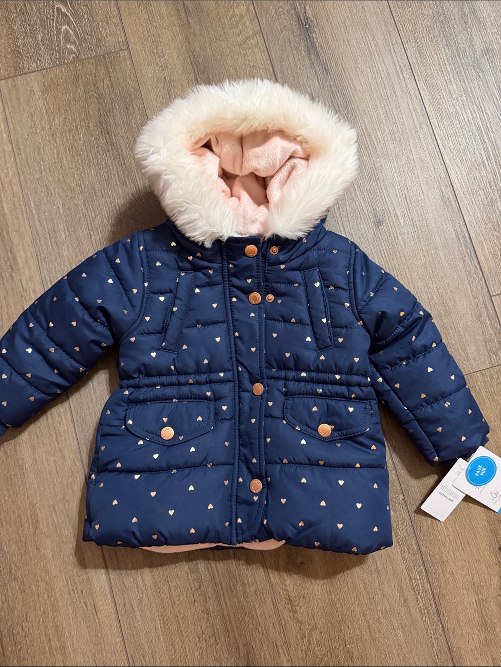 Carter's Navy Puffer Jacket with Pink Faux-Fur Hood